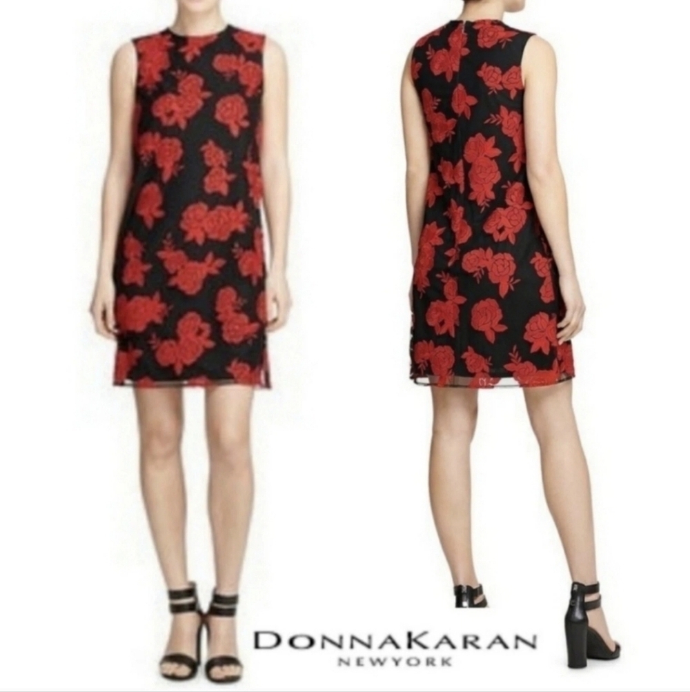 Donna Karan Black & Embroidered Red Roses Dress Size 4 NWT